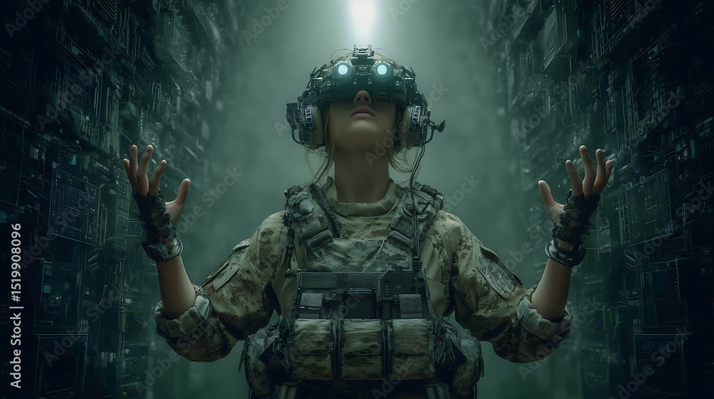 Fototapeta premium Futuristic Female Soldier using Virtual Reality Headset in a Digital Environment
