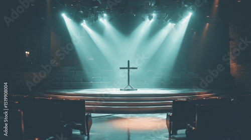 Dramatic Lighting and Cross in Empty Church Sanctuary Setting