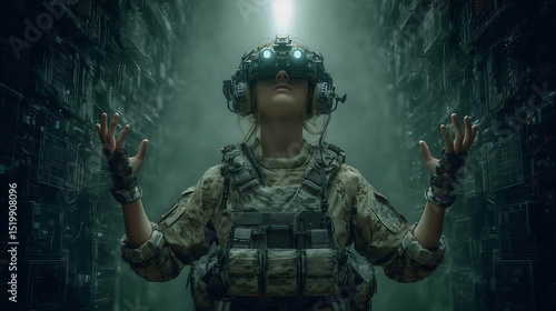 Futuristic Female Soldier using Virtual Reality Headset in a Digital Environment