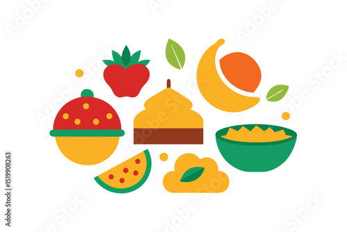 Traditional Indian food doodles with spice and curry dishes vector art illustration