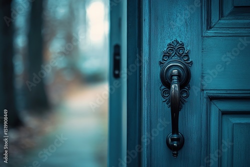 A close-up shot of the door handle on an open home entrance, with light blue tones and a blurred