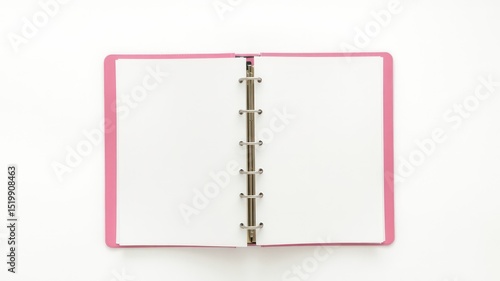 Open pink binder with blank white pages lying flat on a white surface waiting for notes and ideas