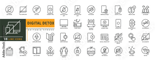 Minimalist Digital Detox line icons set with editable stroke, featuring no phone, no computer, offline, notification off, reading, digital lock, brain care, phone off, detox. thin linear illustration.
