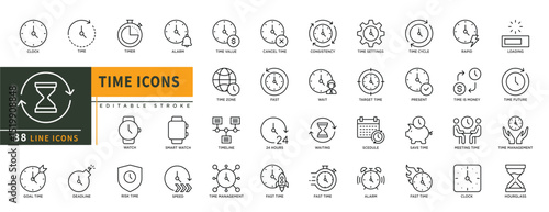 Minimalist Time line icons set with editable stroke, featuring clock, time, timer, alarm, time value, consistency, fast, waiting, time line, target time, rapid, save,speed. thin linear illustration.