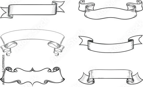 Manuscripts and ribbon banners in vintage engraving style isolated on white background for heraldic.