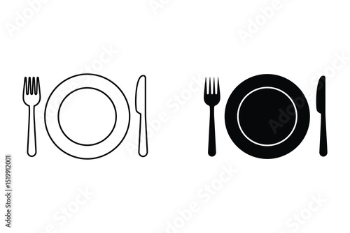 Minimalist dinner set plate fork and knife vector illustration dining tableware kitchen utensil design