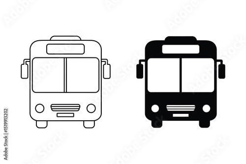 Vector bus icon set, front view, public transport vehicle, line art and solid style, illustration, eps