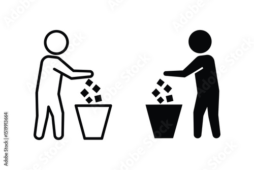 Recycle symbol icon set, man throwing garbage in bin, vector illustration, outline and solid style