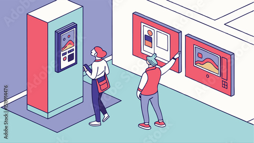 Isometric art gallery exhibition visitors viewing paintings modern art museum cultural experience vector design