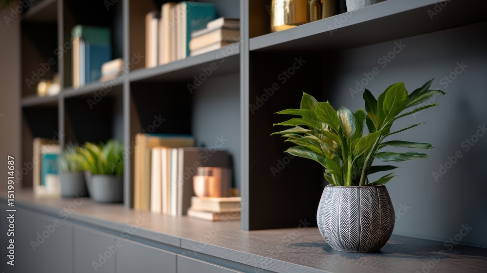 Fototapeta premium Green houseplant in a gray ceramic pot. Styled on a dark shelf with books and minimalist decor. Calm productivity and fresh growth. Ideal for office branding, wellness blogs