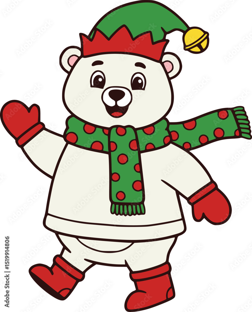 Cheerful polar bear in santa hat, scarf, and mittens waving, christmas cartoon design for holiday decoration