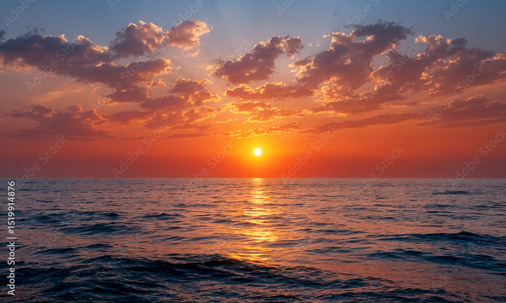 Fototapeta premium Vibrant sunset over the ocean with golden and orange hues reflecting on gentle waves, creating a serene and tranquil coastal scene