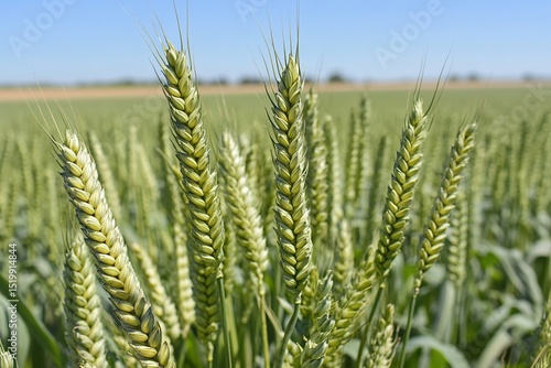 A close-up shot of green wheat growing in the field, with a blurred background that shows other fields