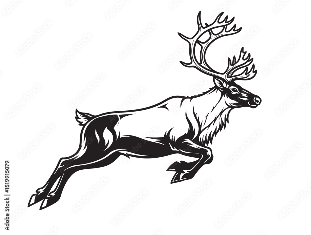 Obraz premium Black and white vector of a reindeer leaping gracefully, showcasing large antlers and strong form. Ideal for wildlife art, holiday designs, and branding. Animal.