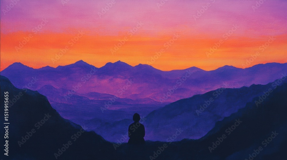 Obraz premium Man walks sunset field, mountains 