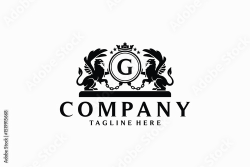 Vector logo design of two modern classic heraldic griffins holding letter G symbol with chain