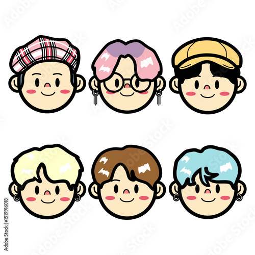 Set of Cute Cartoon Illustration Faces Idol K-pop Boyband