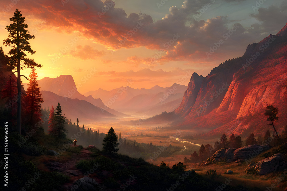 Naklejka premium Sunset view over mountain and forest landscape.