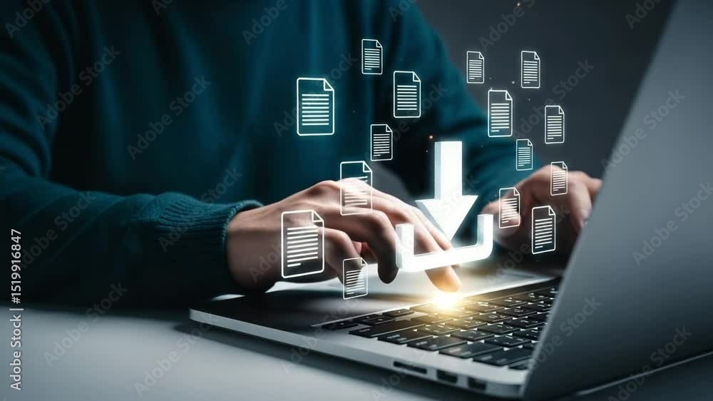Person downloading files on a laptop with a glowing arrow and document icons floating above it