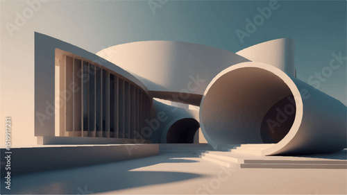 "Futuristic 3D architectural interior with flowing curves, vaulted arches, and soft natural lighting reflected on a glossy floor, evoking elegance and serenity in a modern minimalist space"