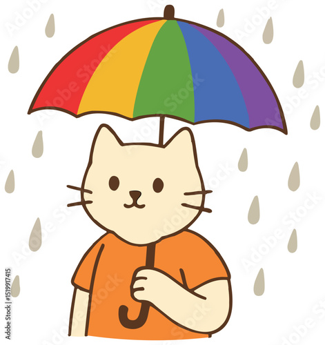 Cute cat with a rainbow umbrella in the rain, protecting himself from the drops.  sticker