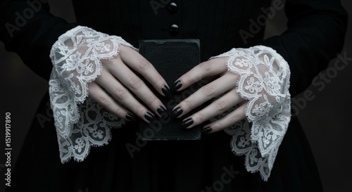 close up Gothic hands with lace cuffs holding black book