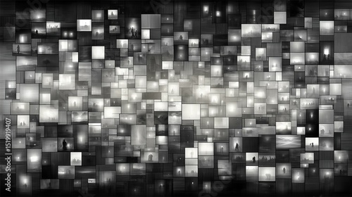 Abstract Collage of Black and White Illuminated Photographs with Silhouettes
