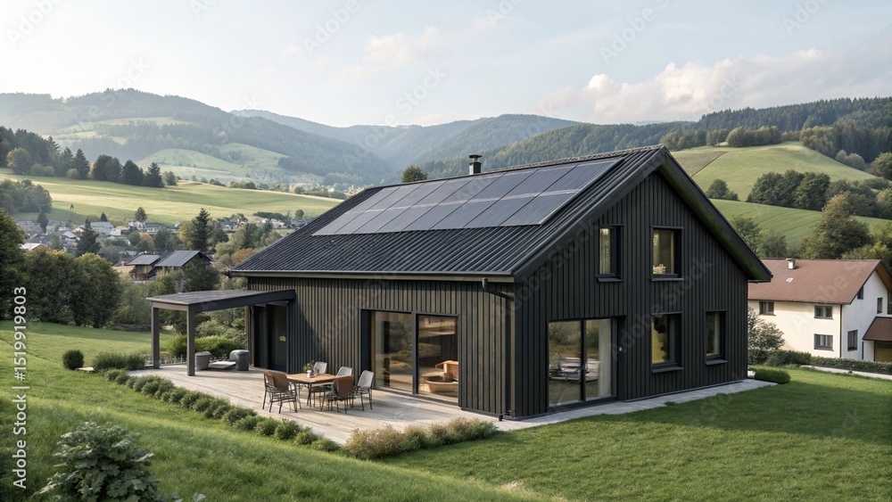 Modern Black House with Solar Panels in the Mountains Modern Black House with Solar Panels in the Mountains