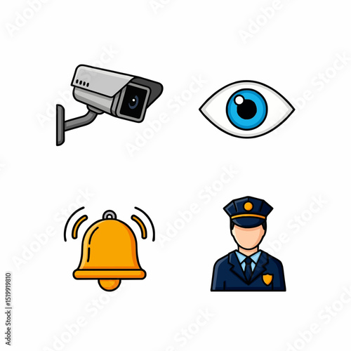 Set of Security Icons Including Camera, Eye, Bell, and Police Officer