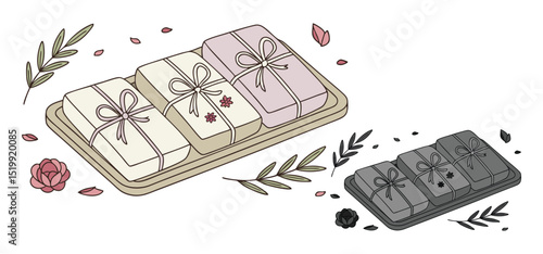 Handmade nature soap arranged on trays adorned with ribbons flowers and delicate botanical elements for festive celebrations