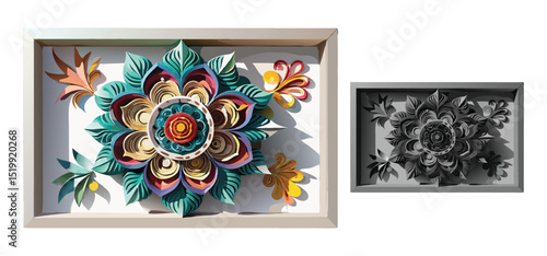 Exquisite handcrafted quilling art featuring a vibrant floral design showcased within a decorative frame display