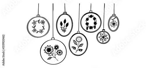 Hand drawn floral embroidery hoop ornaments in a simple black and white line art style featuring delicate botanical arrangements
