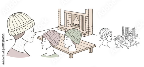 Illustration featuring a group of people wearing beanies near a cozy fireplace with a warm and inviting atmosphere