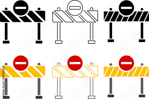 

Road barrier icon set. Construction Barrier. Stop traffic road.  Under construction highway restricted symbol. Travel prohibited
