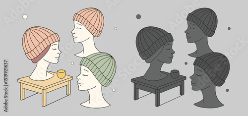 Stylized illustration of faces in beanies with table and cup against a monochromatic gray background