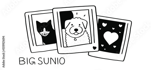 Three cartoon polaroid images featuring a black and white cat a fluffy dog and a heart shape on a white background