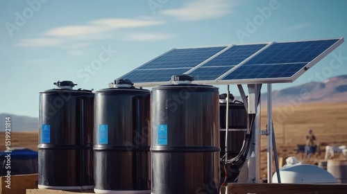 Solar-powered water purification system in a remote, arid landscape