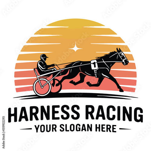 A dynamic logo design featuring a harness racing horse and driver silhouetted against a vibrant sunset backdrop.  Perfect for equestrian businesses, racing events, or branding related to horse racing.