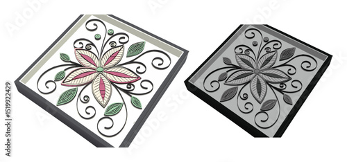 Two decorative frames with floral designs depicting a pastel colored flower in different artistic styles