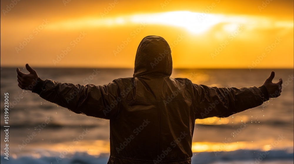 Fototapeta premium Young man embraces golden sunset at the beach, enjoying a moment of peace and connection with nature