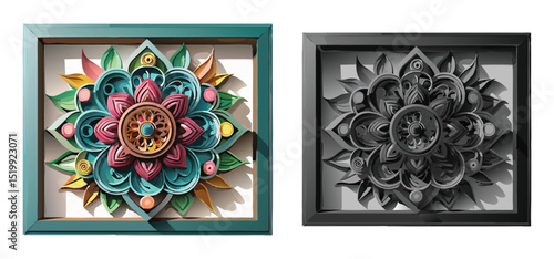 Two framed paper quilling artworks depicting an intricate colorful and monochrome flower design in detail