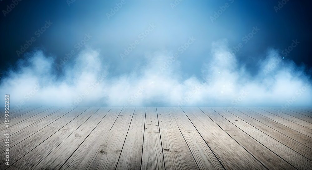 Moody Atmospheric Scene With White Fog Over Wooden Surface And Dark Blue Background Moody Atmospheric Scene With White Fog Over Wooden Surface And Dark Blue Background