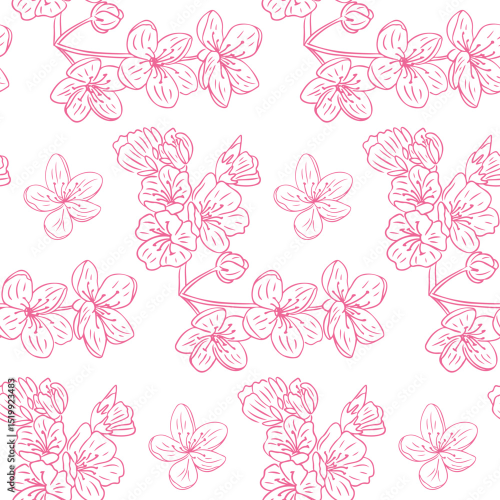 Fototapeta premium Seamless vector pattern with pink cherry blossom flowers and branches on white background. Springtime and renewal concept in a delicate hand drawn floral design