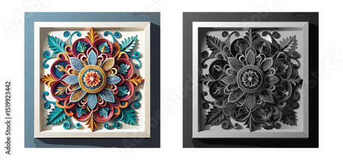Two framed mandala art pieces presented in color and grayscale showcasing paper quilling craft and intricate floral designs.