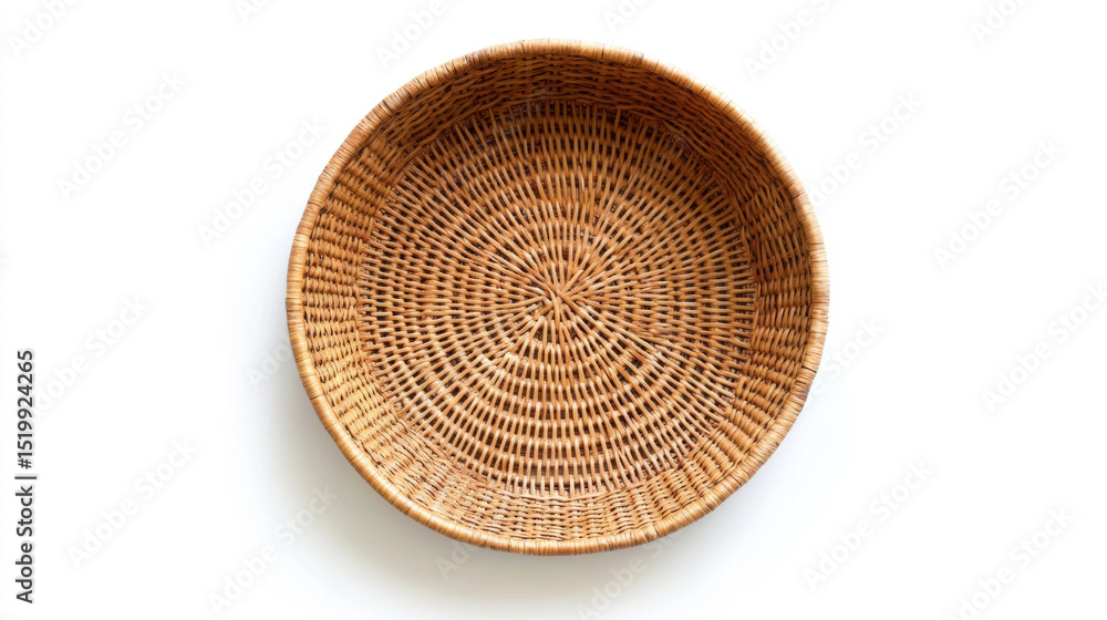 Fototapeta premium Handmade Rattan Paper Tray from Above Isolated on White Background.