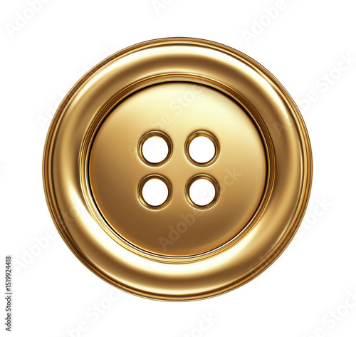 Shiny gold button with four holes on transparent background