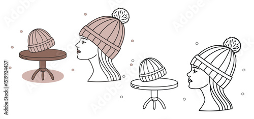 Winter fashion illustration featuring women wearing beanies and beanies on small tables against a white background