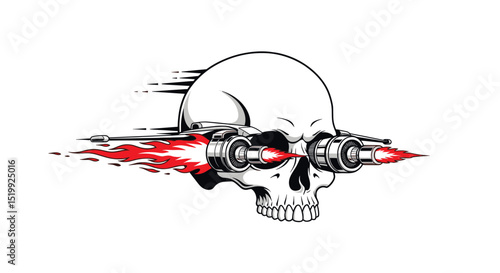 Digital Illustration of a Skull with Fiery Rocket Engines Emitting Flames and Glowing Eyes