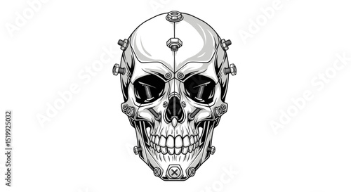 Stylized Mechanical Skull Structure with Intricate Details Isolated on White Background
