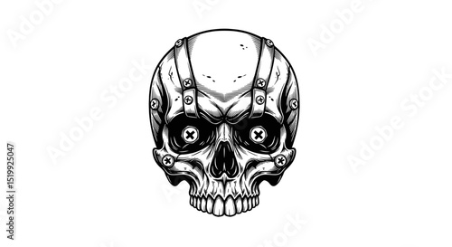 Intricate Detailed Skull Illustration in Black and White Isolated on White Background